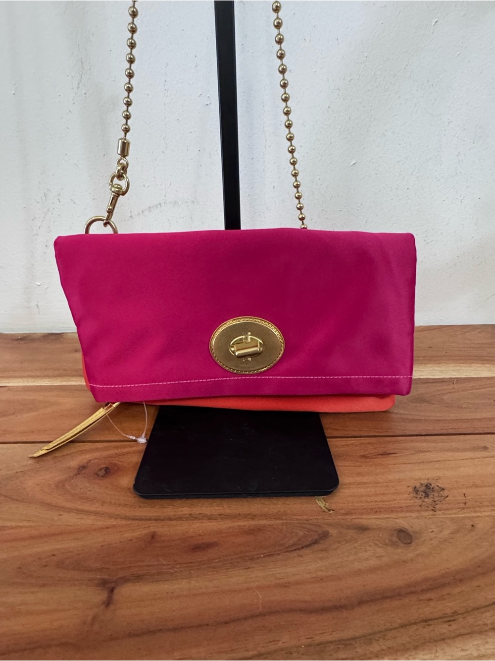 Coach Amanda Satin Pink and Orange  Clutch with Gold Hardware